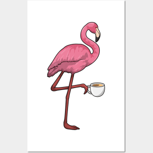 Flamingo with Cup of Coffee Posters and Art